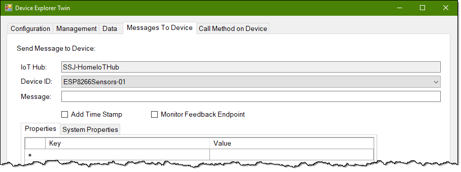 Device Explorer's Cloud To Device Message tab